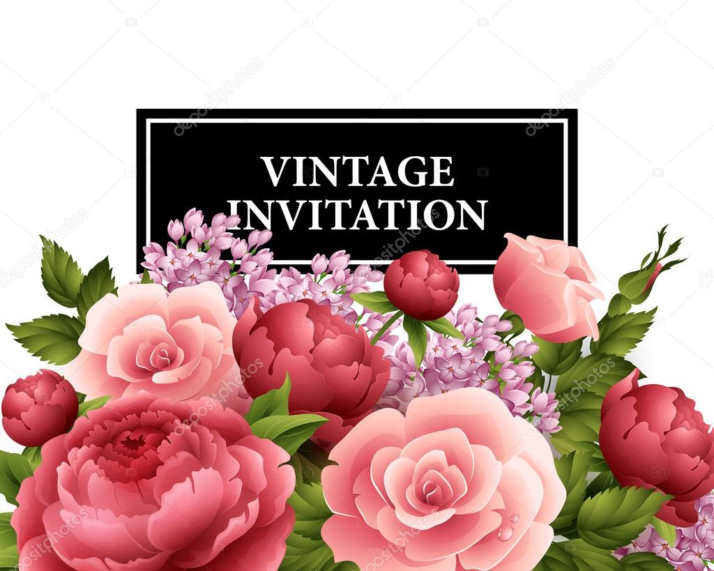 Vintage  Greeting Card with Blooming Flowers.  Vector Illustration