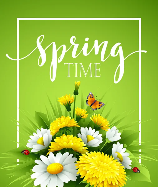 Свежий весенний фон с травой, одуванчиками и маргаритками. Векторная иллюстрация — стоковый вектор