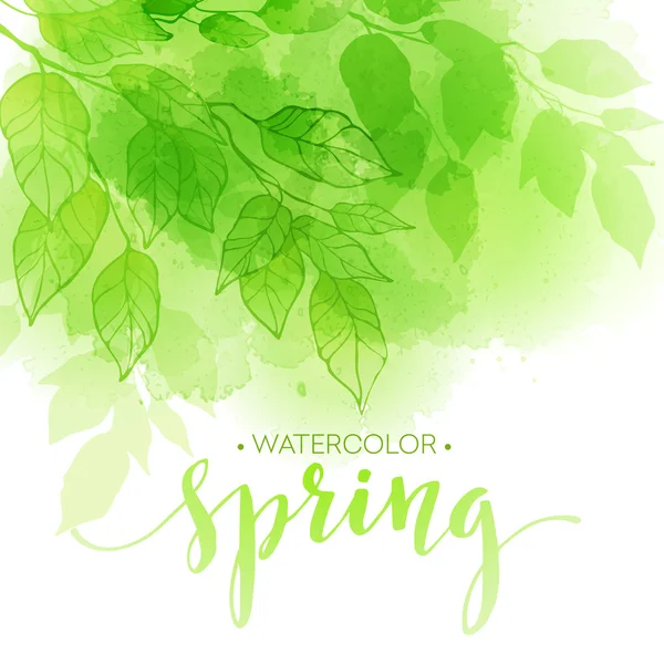 Watercolor background with green leaves. Vector illustration — Stock Vector