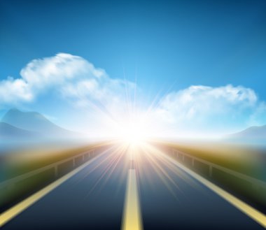Bulanık yol ve mavi hareket gökyüzü bulutlar ile bulanık. Vektör çizim