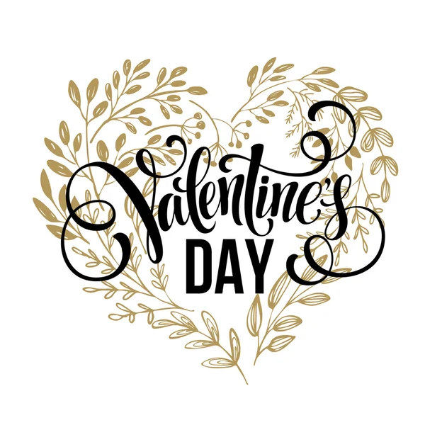 Diseño de tarjetas de San Valentín Texto dibujado a mano. Flores corazones corona. Ilustración vectorial — Archivo Imágenes Vectoriales
