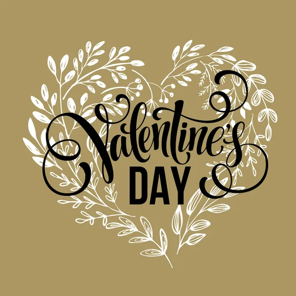 Дизайн листівки на день Святого Валентина Мальований текст. Квіти сердечка вінок. Векторні ілюстрації — стоковий вектор