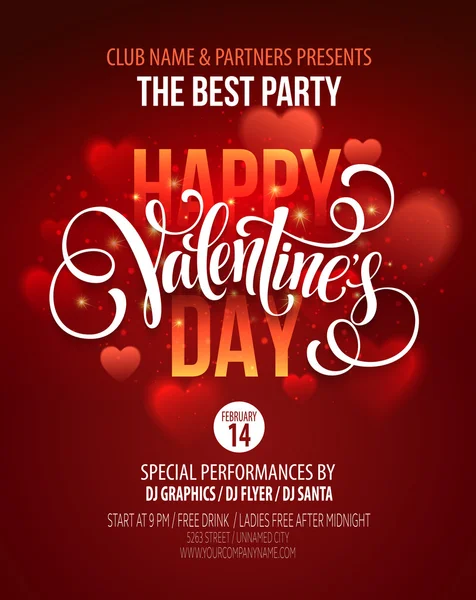 Valentines Day Party Poster Design. Template of invitation, flyer, poster or greeting card. Vector illustration — Stock Vector