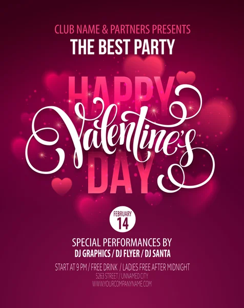 Valentines Day Party Poster Design. Template of invitation, flyer, poster or greeting card. Vector illustration — Stock Vector