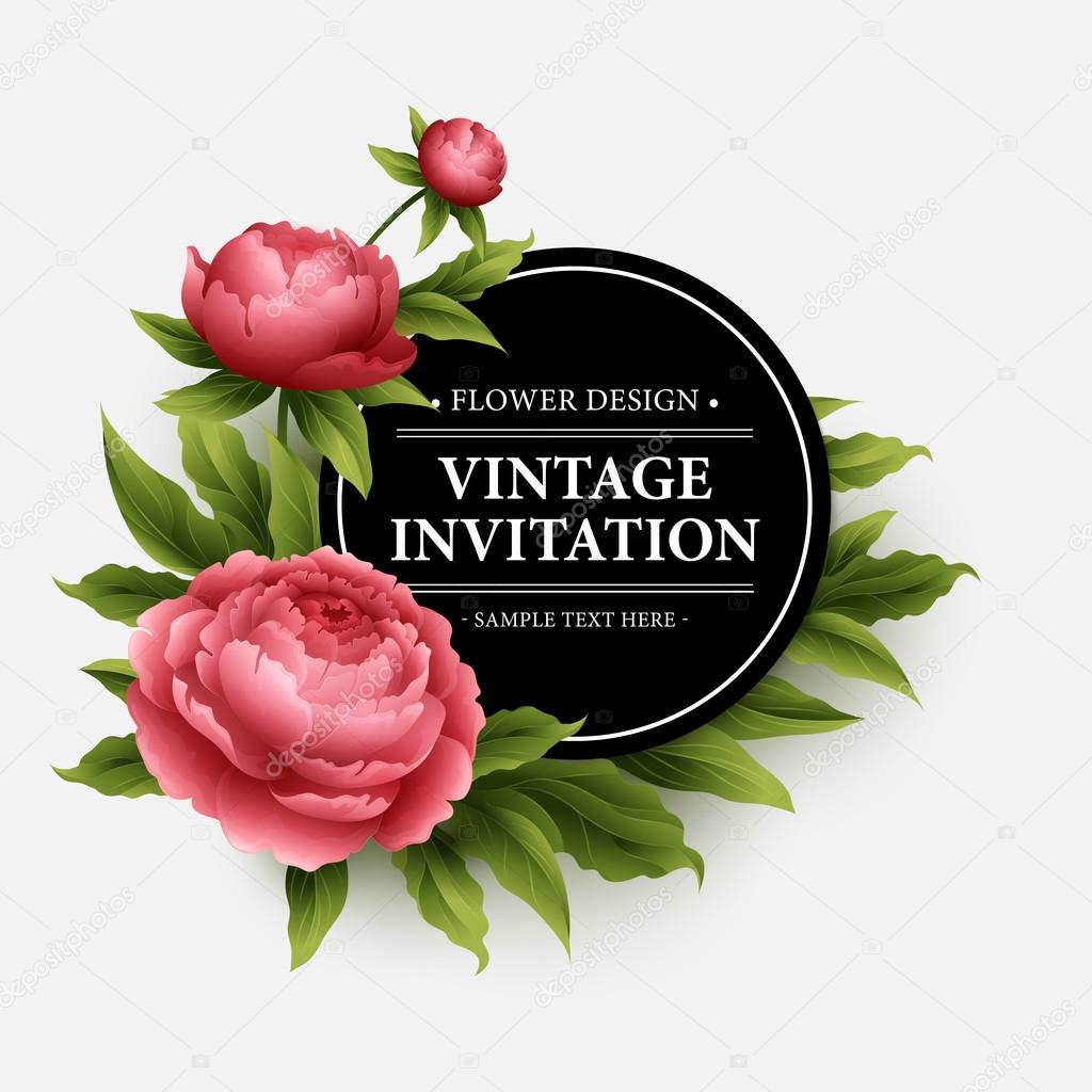 Luxurious  peony flower and leaves greeting card. Vector illustration