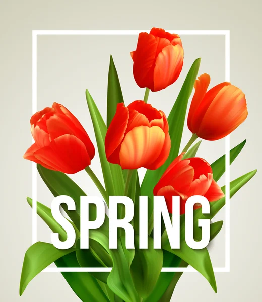 Texto de primavera con flor de tulipán. Ilustración vectorial — Vector de stock