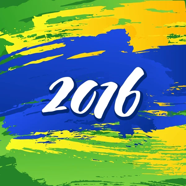 Colori di sfondo della bandiera brasiliana con l'iscrizione 2016. Illustrazione vettoriale — Vettoriale Stock