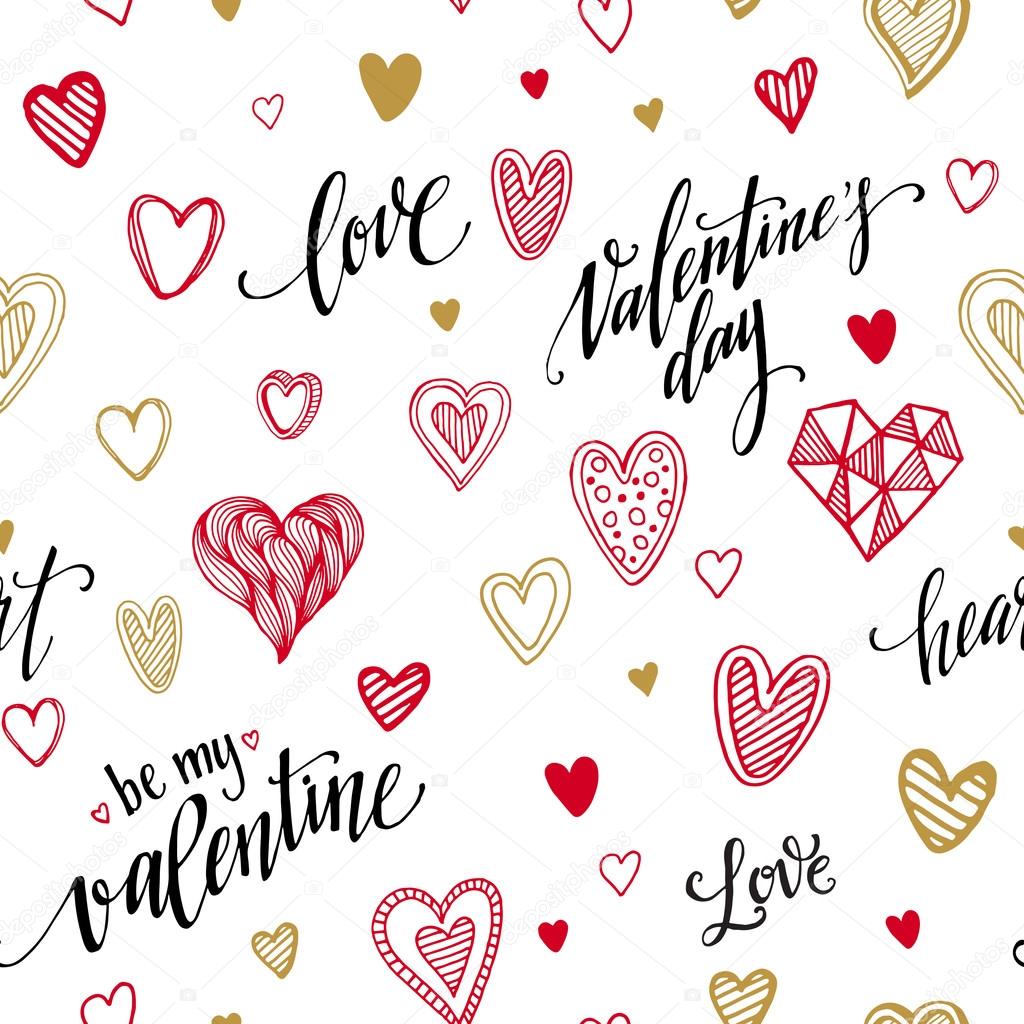 Valentine seamless pattern  with hand lettering and hearts. Vector illustration