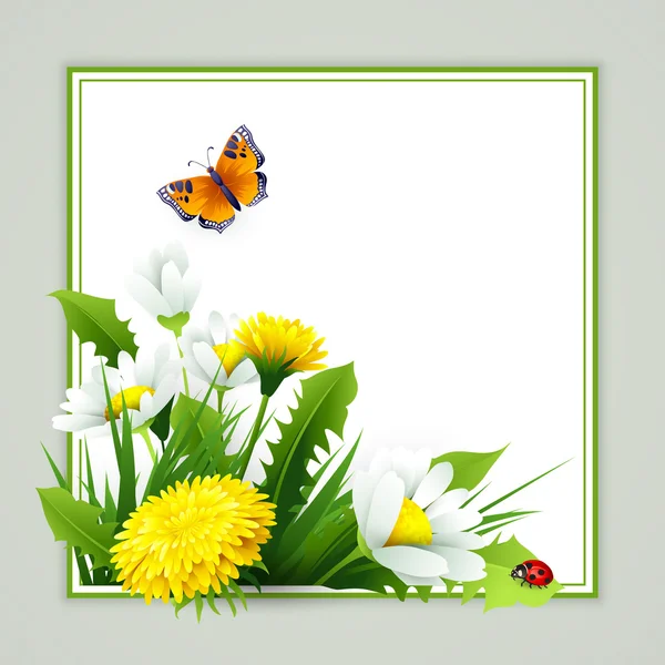 Fond printanier frais avec herbe, pissenlits et marguerites — Image vectorielle