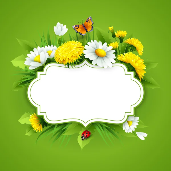 Свіжий весняний фон з травою, кульбабами та ромашками — стоковий вектор