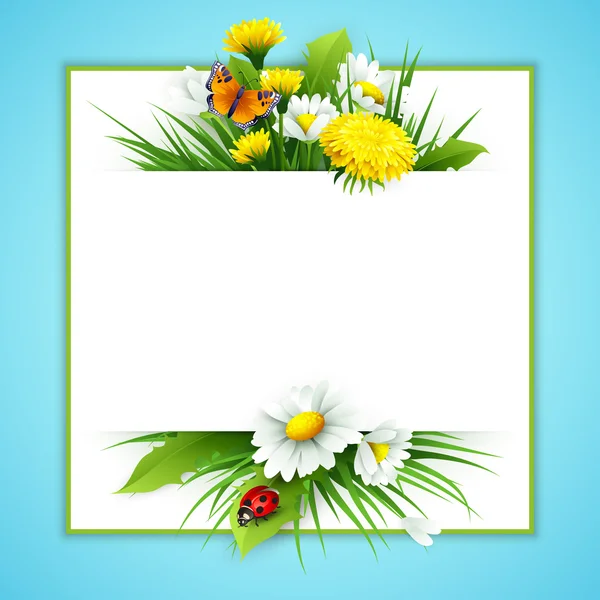 Fresh spring background with grass, dandelions and daisies — Stock Vector