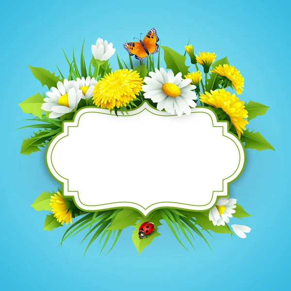 Fresh spring background with grass, dandelions and daisies — Stock Vector