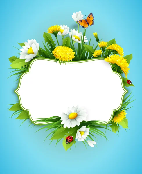Fresh spring background with grass, dandelions and daisies — Stock Vector