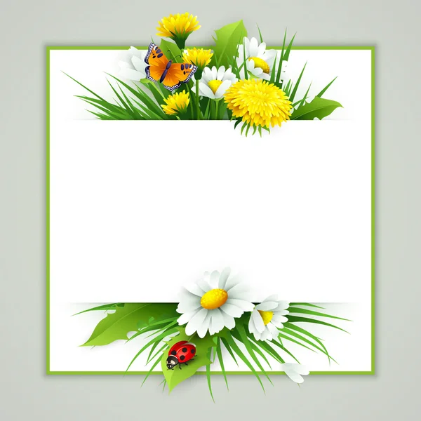 Fresh spring background with grass, dandelions and daisies — Stock Vector