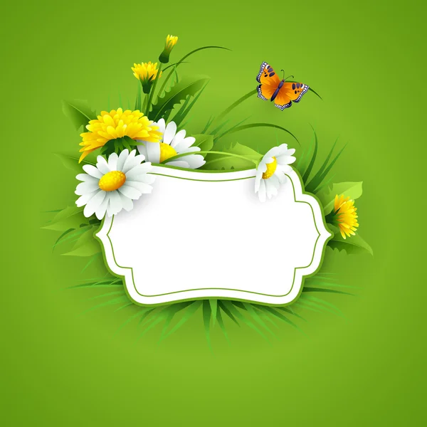 Fondo fresco de primavera con hierba, dientes de león y margaritas — Vector de stock