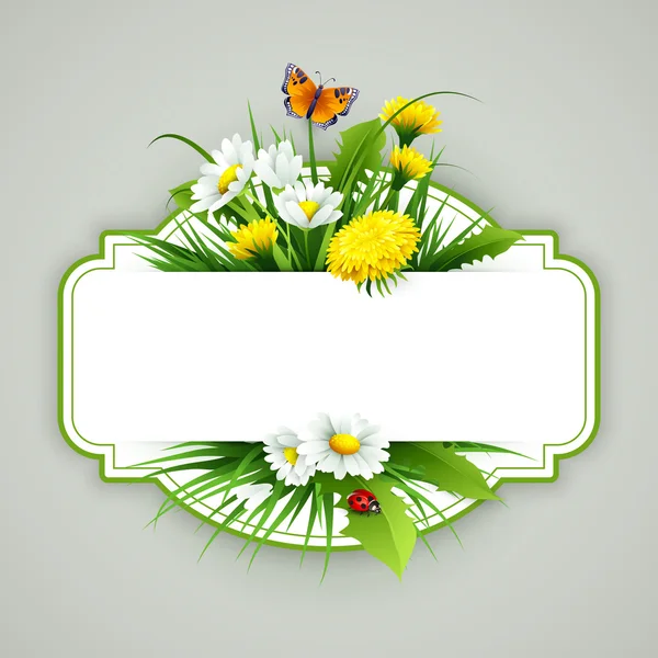 Fresh spring background with grass, dandelions and daisies — Stock Vector