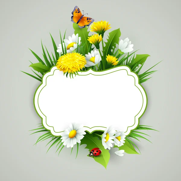 Fresh spring background with grass, dandelions and daisies — Stock Vector