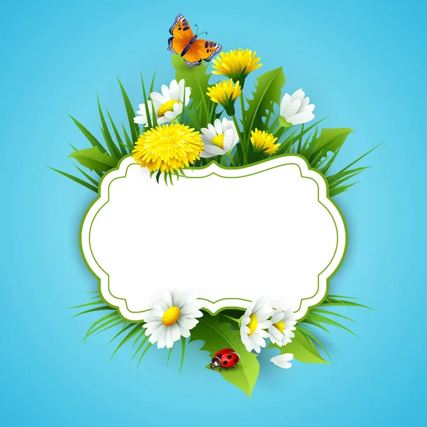 Fresh spring background with grass, dandelions and daisies — Stock Vector