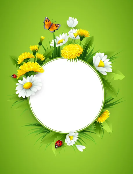 Fresh spring background with grass, dandelions and daisies — Stock Vector