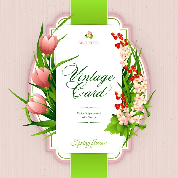 Tarjeta de primavera vintage elegante con flores. Ilustración vectorial — Vector de stock