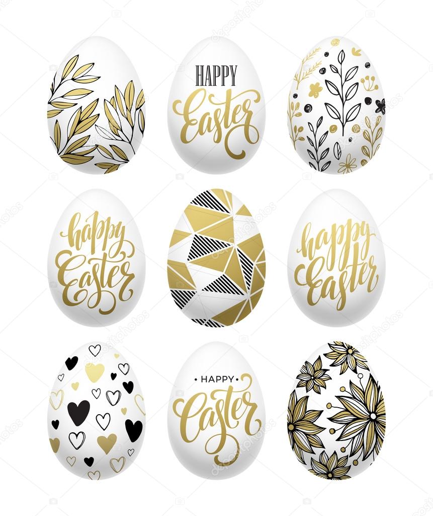 Happy easter.  Calligraphic lettering egg golden effect. Vector illustration