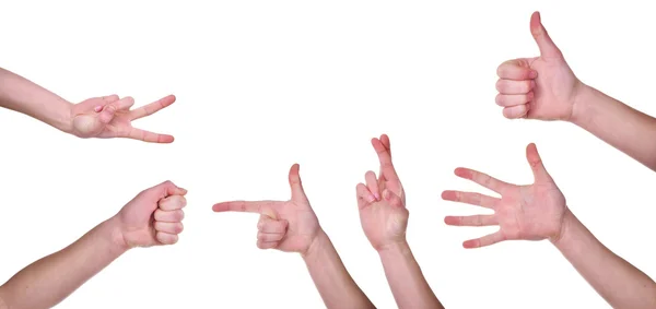 Signo símbolo con las manos - conjunto de manos por una mano femenina joven caucásica. Collage de manos de mujer sobre fondos blancos — Foto de Stock