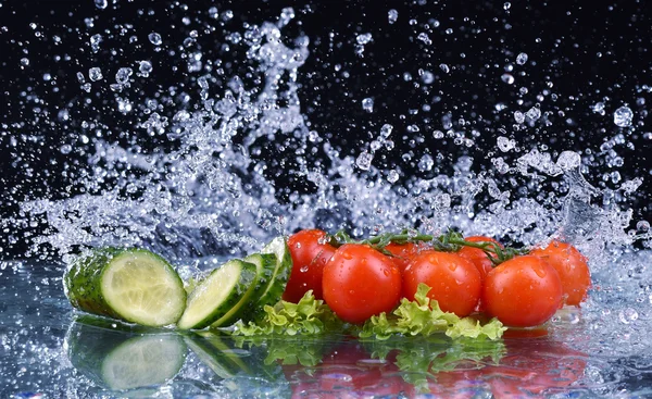 Салат, помидор и огурец с брызгами воды — стоковое фото