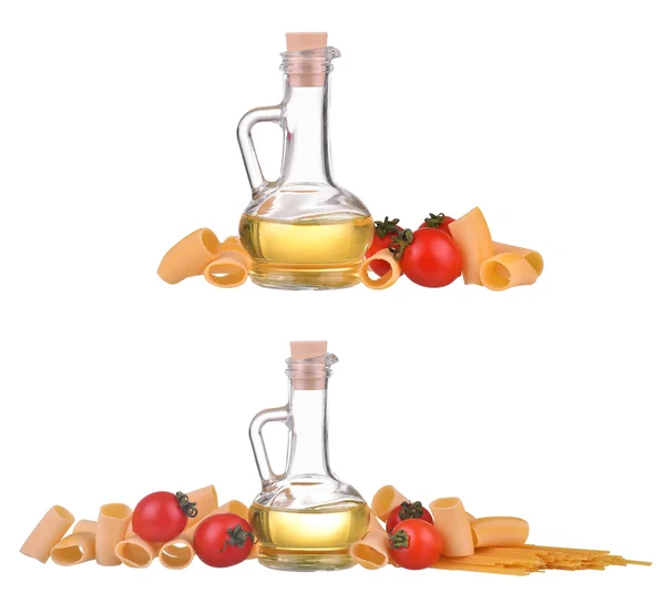 Set of pasta spaghetti noodles, bottle with olive oil, sunflower oil, yellow oil, cherry tomatoes isolated on white background — Stock Photo, Image