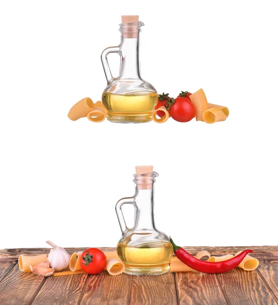 Pasta spaghetti noodles, bottle with olive oil, sunflower oil, yellow oil, cherry tomatoes, chili pepper, garlic isolated on white background — Stock Photo, Image