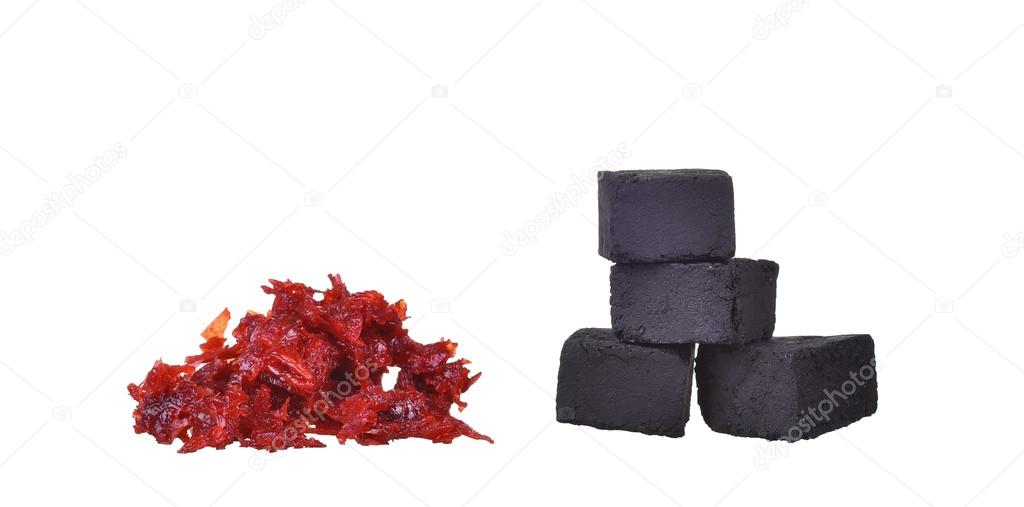 Group of charcoal cubes and tobacco for hookah isolated on white