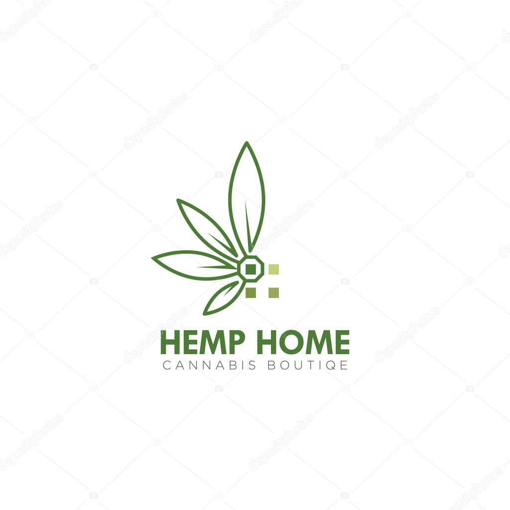 Logo hemp home, with simple windows and art line cannabis vector