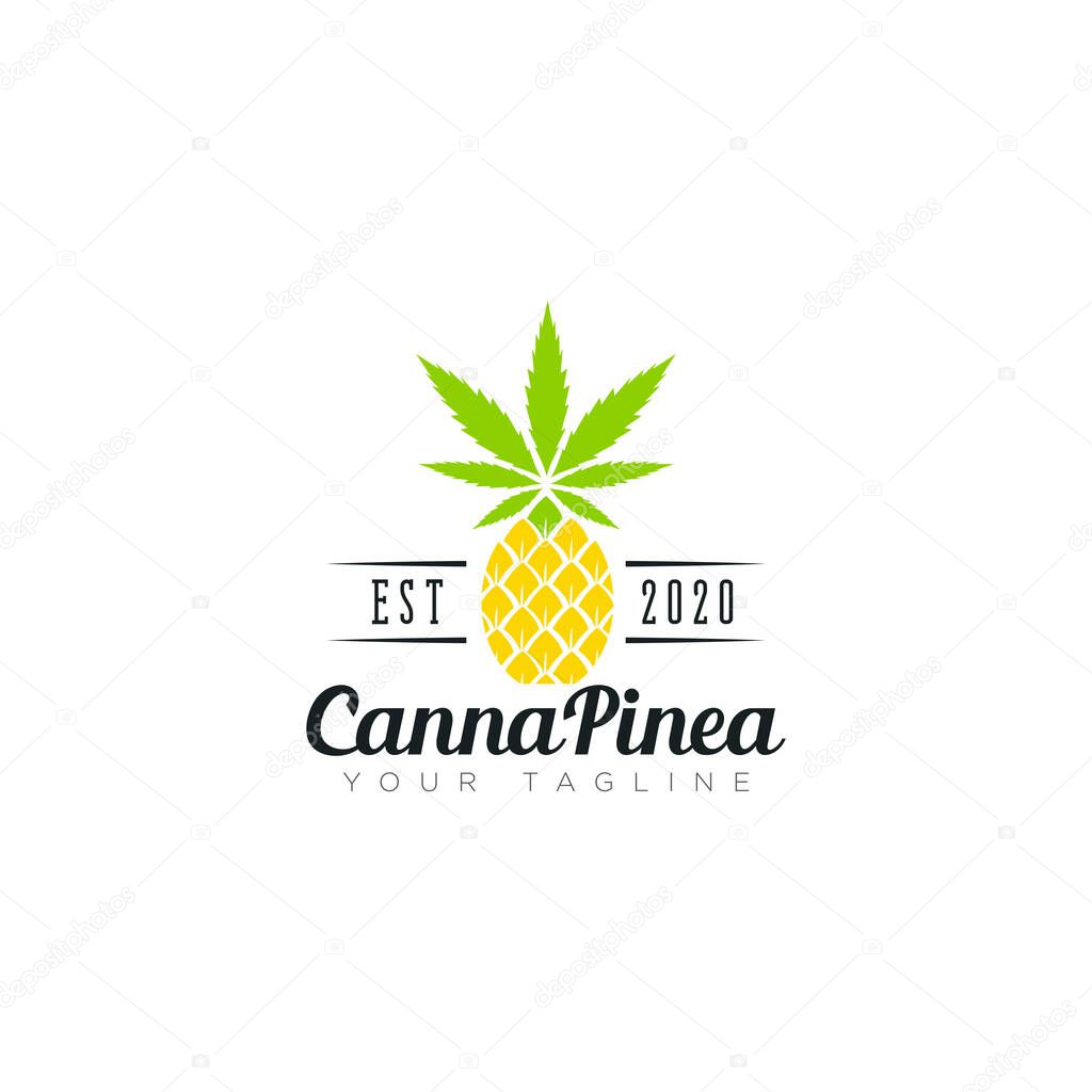 Creative logo cannapinea, retro cannabis and pineapple vector for delivery service