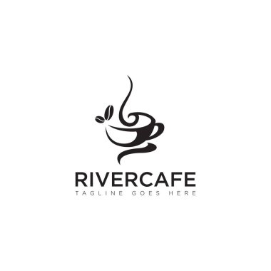 Logo River Kafe, soyut fincanla kahve çekirdeği vektörü.