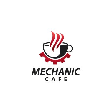 Logo mekanik kafe, fincan ve vites kahve vektörü.