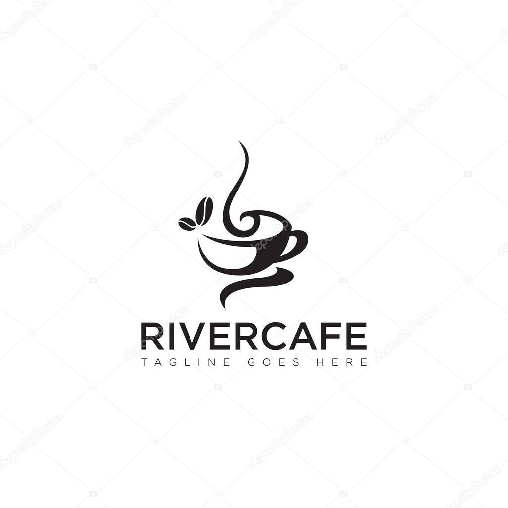 Logo river cafe, withabstract mug an coffee beans vector