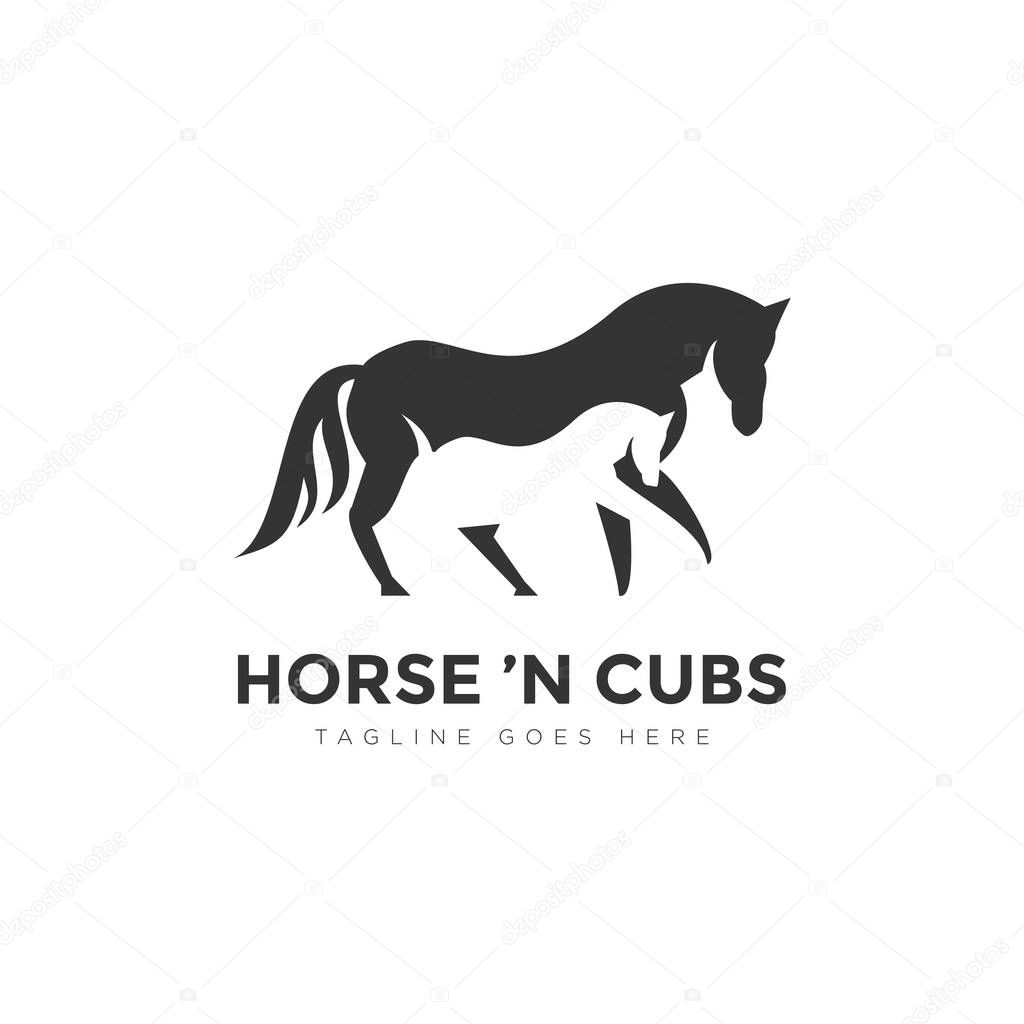 Horse n cubs logo, with negative space mother and baby horse vector
