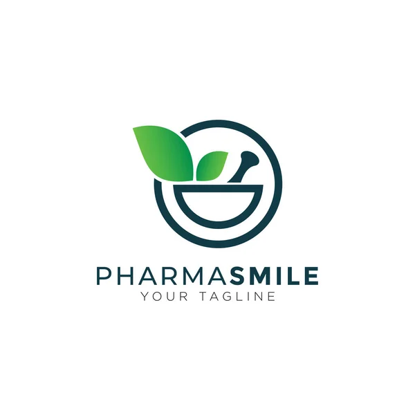 Logo Sourire Pharma Mortier Créatif Pilon Feuilles Vecteur — Image vectorielle