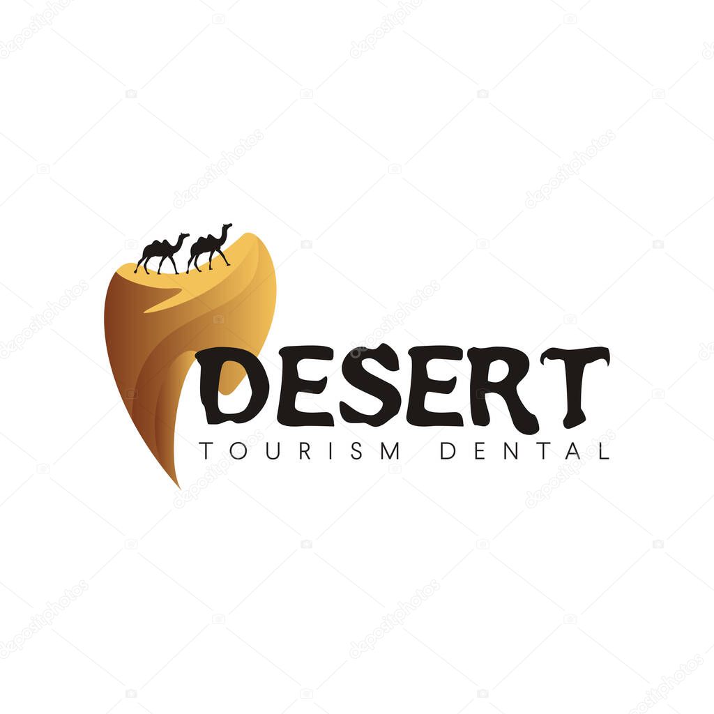 Desert dental clinic logo, torism dental servise with scene camel and tooth vector