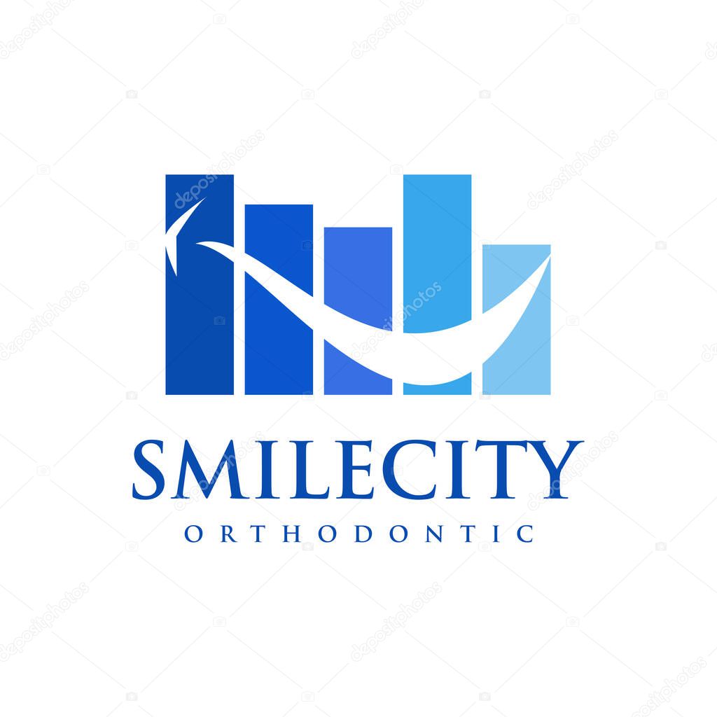 Smile city orthodontic logo, abstract buiding smile cut off vector