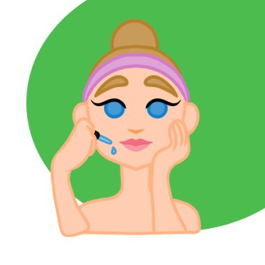 Cilt rengini iyileştirmek ve cilt bakımını sağlamak için kozmetik yağ uygulaması. Vektör illüstrasyonu