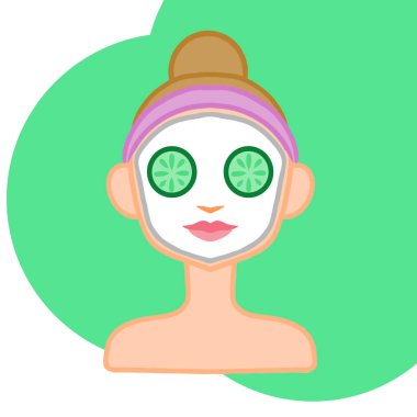 Yüze maske, gözlere salatalık. Vektör illüstrasyonu