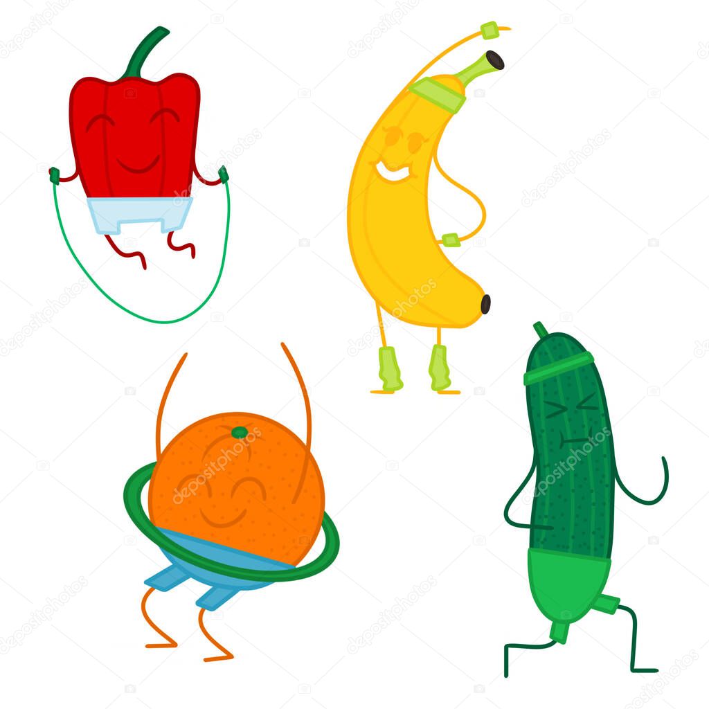 Set of illustrations of fruits and vegetables adhering to a healthy lifestyle. Various sports: running hula hoop jumping rope gymnastics. Vector illustration