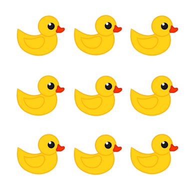 Beyaz arka planda sarı lastik ördekler. İllüstrasyon, hediye çantaları kartpostalların arka plan posterlerinin dekorasyonu için kullanılabilir. Vektör illüstrasyonu