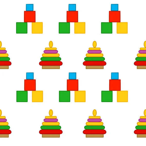 Vzor Dětskými Hračkami Barevnými Kostkami Pyramidou Ilustrace Izolovaných Bílém Pozadí — Stockový vektor