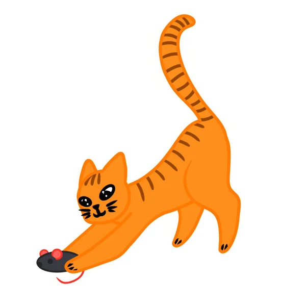 Cute Tabby Ginger Cat Plays Mouse Vector Illustration Isolated White — 스톡 벡터