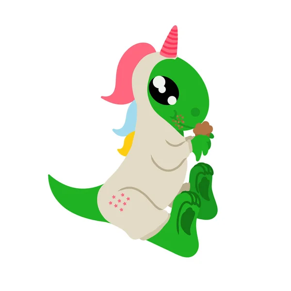 Adorable Dinosaure Habillé Costume Licorne Mange Cupcake Illustration Vectorielle Isolée — Image vectorielle