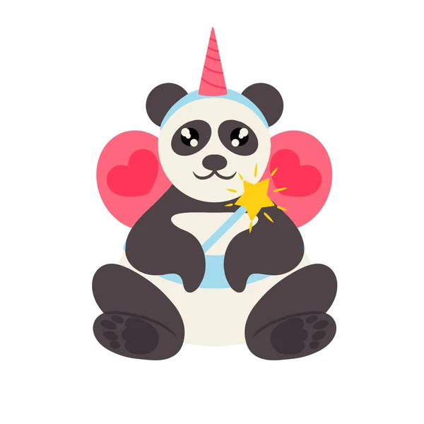 Very Cute Panda Fairy Pink Wings Rim Horn Magic Wand — 스톡 벡터