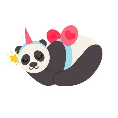 Peri kanatları ve boynuzlu kafa bandı olan sevimli panda pençelerinde sihirli değnek tutarak uyur. Vektör çizimi. Beyaz arkaplanda tasarım ögesi