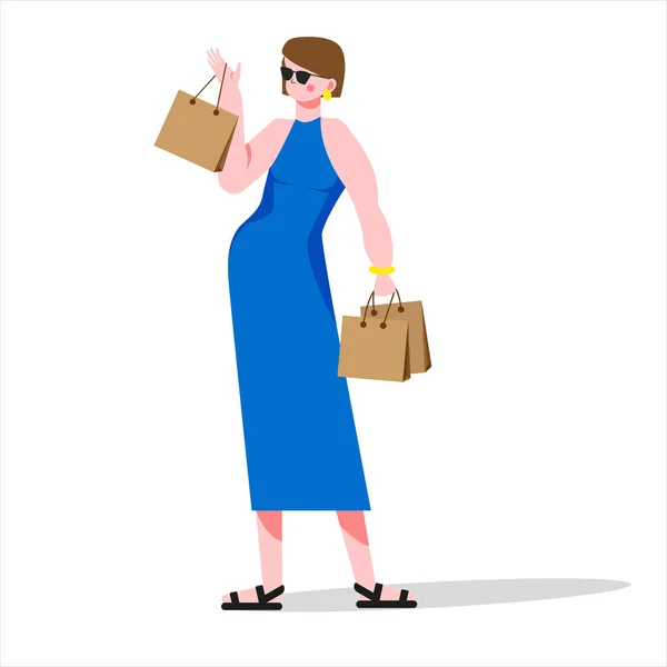 Mujer Compradora Con Paquetes Las Manos Estilo Plano — Archivo Imágenes Vectoriales