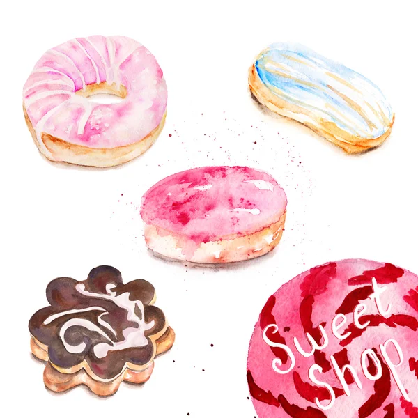 Watercolor set of cookie, donut, choux pastry — Stockfoto